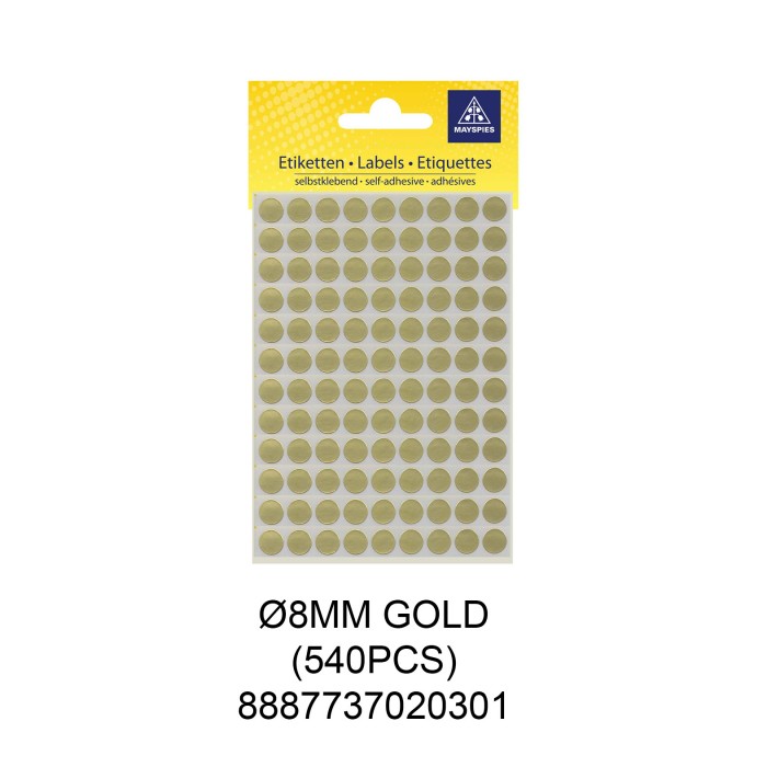 MAYSPIES MS008 COLOUR DOT LABEL / 5 SHEETS/PKT / 540PCS / ROUND 8MM GOLD